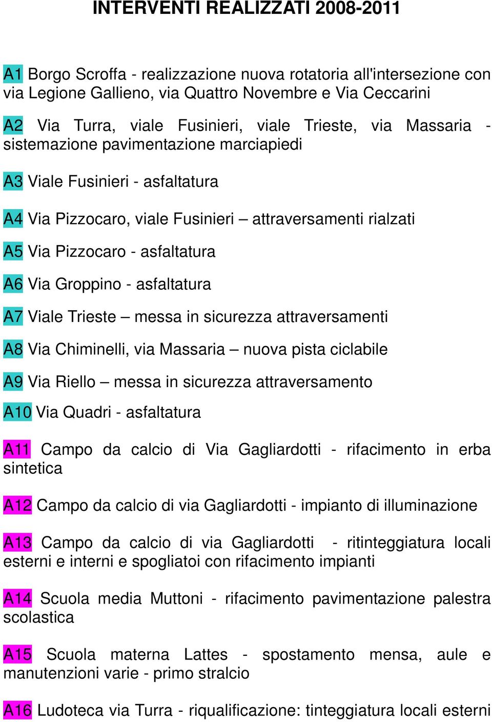 Groppino - asfaltatura A7 Viale Trieste messa in sicurezza attraversamenti A8 Via Chiminelli, via Massaria nuova pista ciclabile A9 Via Riello messa in sicurezza attraversamento A10 Via Quadri -