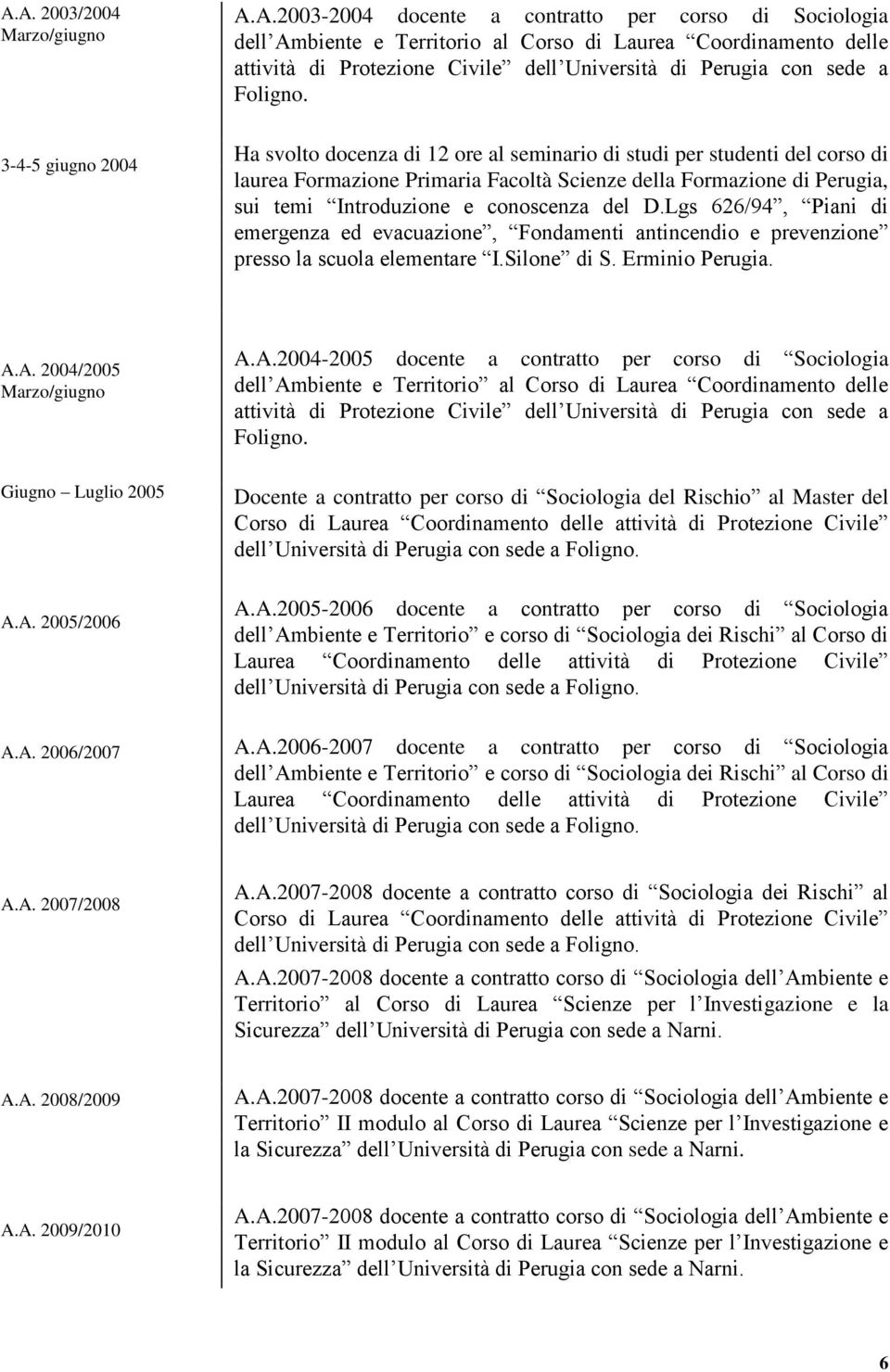 Lgs 626/94, Piani di emergenza ed evacuazione, Fondamenti antincendio e prevenzione presso la scuola elementare I.Silone di S. Erminio Perugia. A.A. 2004/2005 Marzo/giugno Giugno Luglio 2005 A.A. 2005/2006 A.