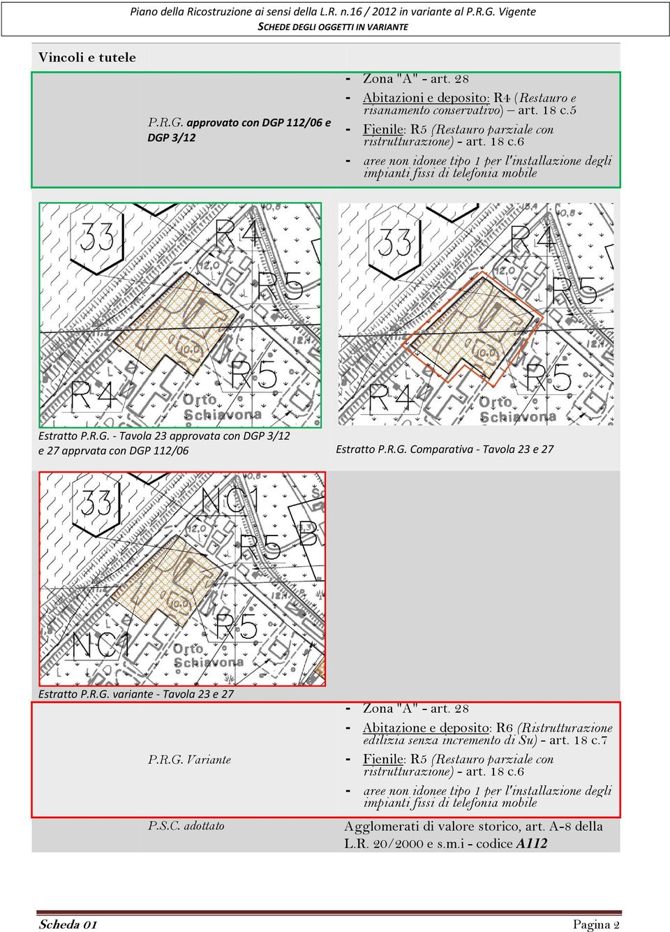 R.G. variante Tavola 23 e 27 P.R.G. Variante P.S.C. adottato - Abitazione e deposito: R6 (Ristrutturazione edilizia senza incremento di Su) - art.