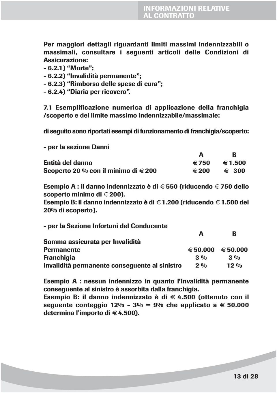 1 Esemplificazione numerica di applicazione della franchigia /scoperto e del limite massimo indennizzabile/massimale: di seguito sono riportati esempi di funzionamento di franchigia/scoperto: - per