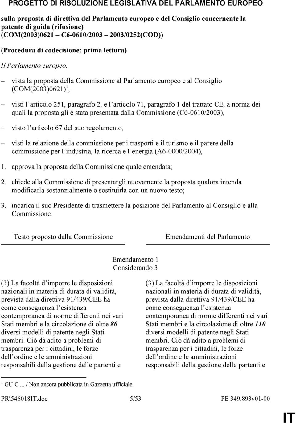 paragrafo 2, e l articolo 71, paragrafo 1 del trattato CE, a norma dei quali la proposta gli è stata presentata dalla Commissione (C6-0610/2003), visto l articolo 67 del suo regolamento, visti la