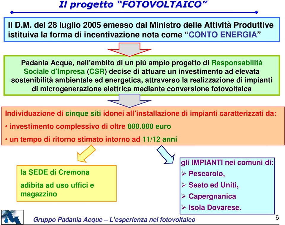 Responsabilità Sociale d Impresa (CSR) decise di attuare un investimento ad elevata sostenibilità ambientale ed energetica, attraverso la realizzazione di impianti di microgenerazione