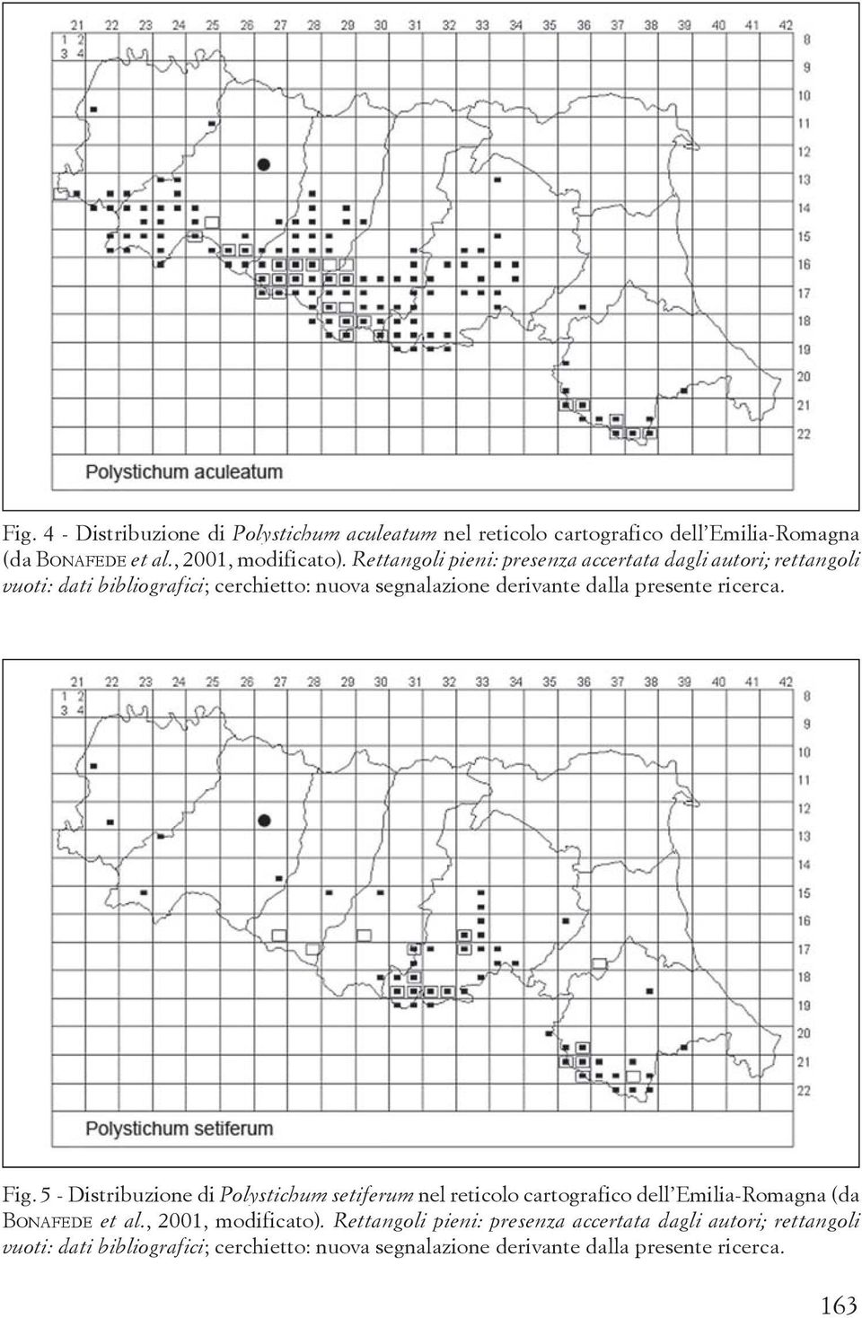 ricerca. Fig. 5 - Distribuzione di Polystichum setiferum nel reticolo cartografico dell Emilia-Romagna (da BONAFEDE et al., 2001, modificato).