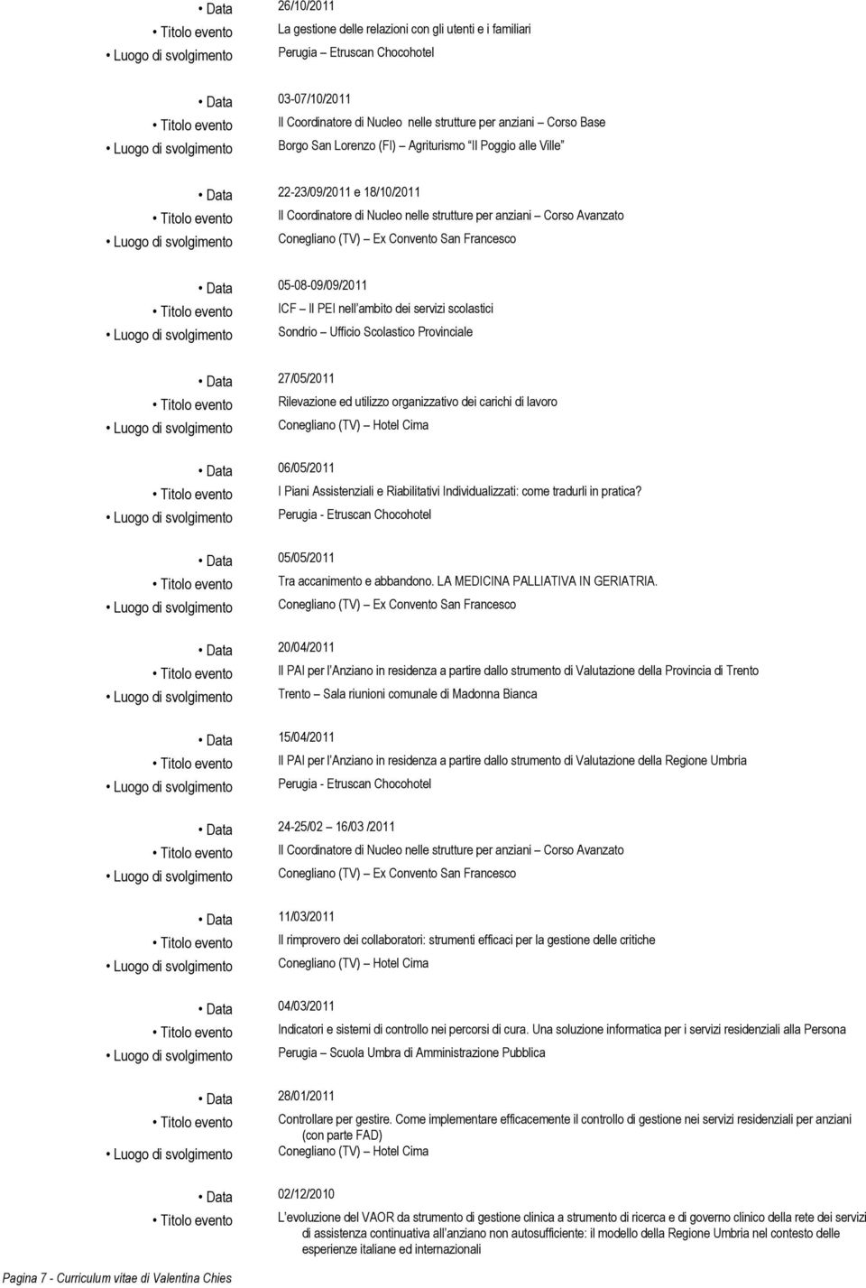 05-08-09/09/2011 ICF Il PEI nell ambito dei servizi scolastici Sondrio Ufficio Scolastico Provinciale Pagina 7 - Curriculum vitae di Valentina Chies Data 27/05/2011 Data 06/05/2011 Data 05/05/2011