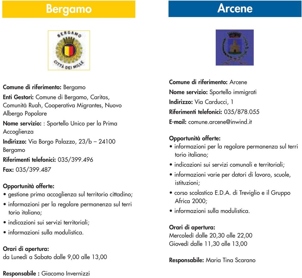 487 gestione prima accoglienza sul territorio cittadino; informazioni per la regolare permanenza sul terri torio italiano; indicazioni sui servizi territoriali; informazioni sulla modulistica.