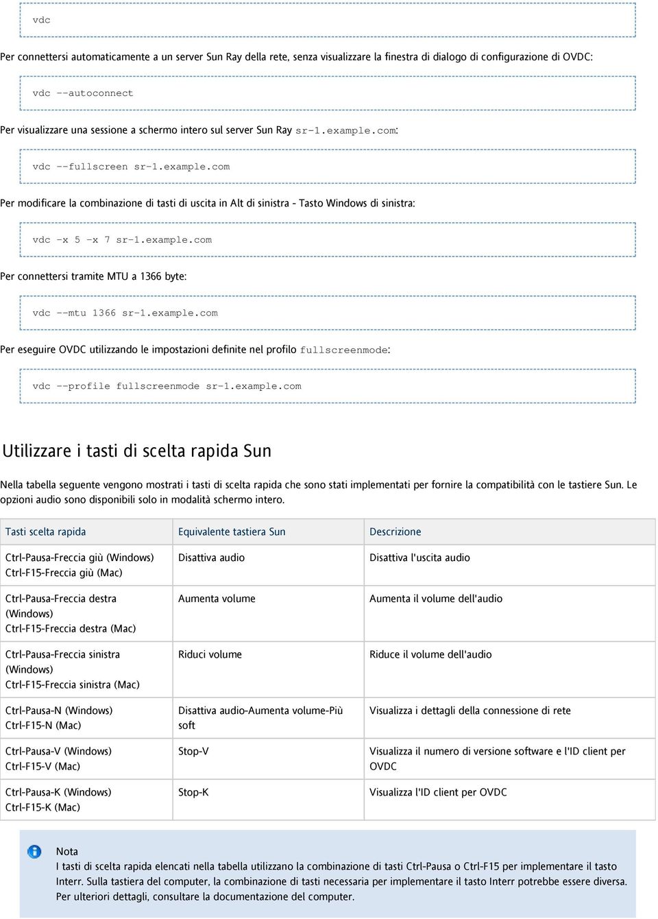 example.com Per connettersi tramite MTU a 1366 byte: vdc -mtu 1366 sr-1.example.com Per eseguire OVDC utilizzando le impostazioni definite nel profilo fullscreenmode: vdc -profile fullscreenmode sr-1.