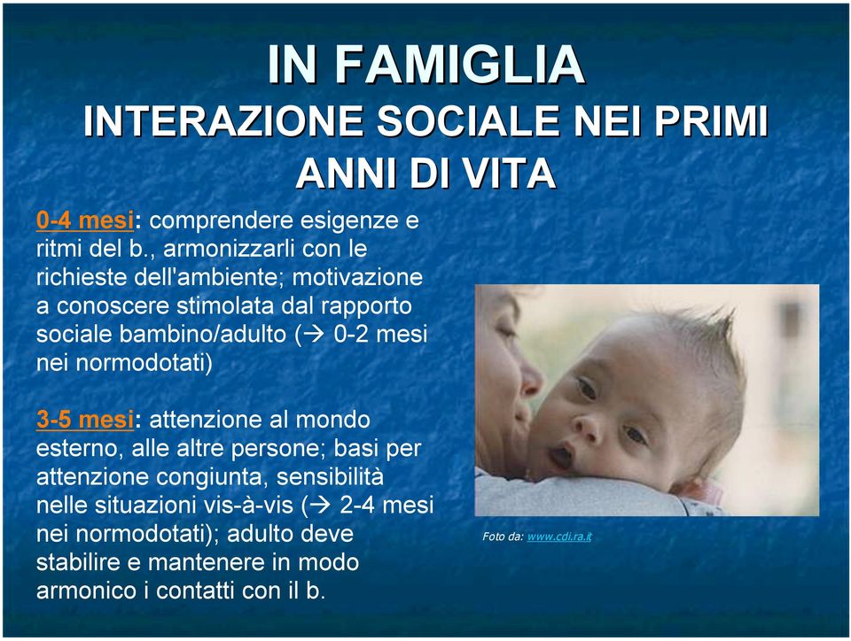 0-2 mesi nei normodotati) 3-5 mesi: attenzione al mondo esterno, alle altre persone; basi per attenzione congiunta,