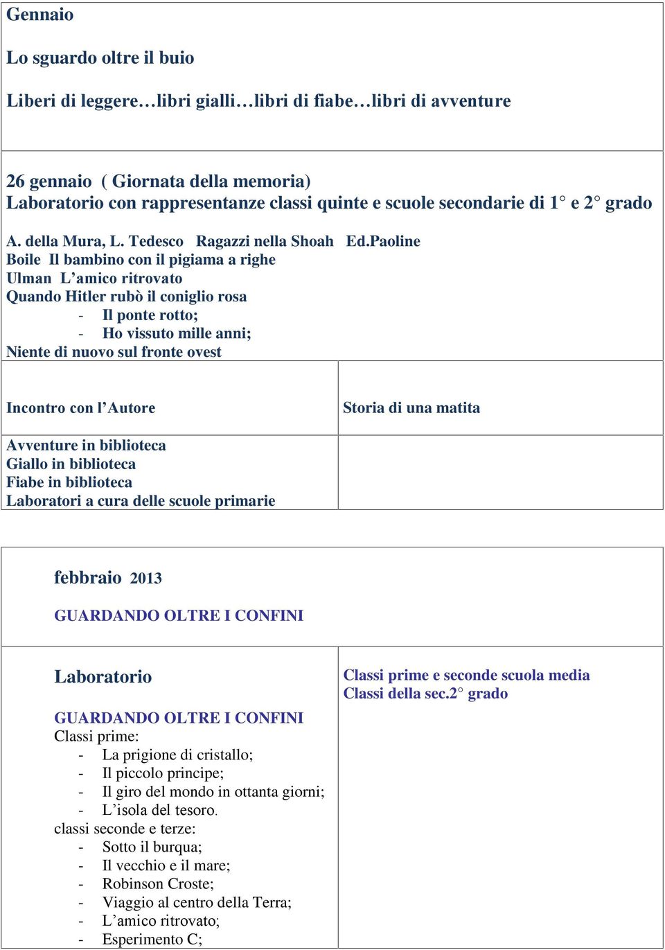 Paoline Boile Il bambino con il pigiama a righe Ulman L amico ritrovato Quando Hitler rubò il coniglio rosa - Il ponte rotto; - Ho vissuto mille anni; Niente di nuovo sul fronte ovest Incontro con l