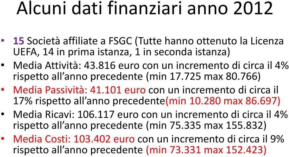 101 euro con un incremento di circa il 17% rispetto all anno precedente(min 10.280 max 86.697) Media Ricavi: 106.