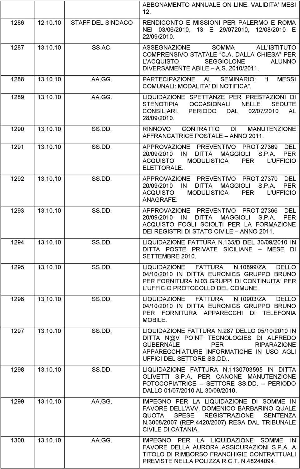 PERIODO DAL 02/07/2010 AL 28/09/2010. 1290 13.10.10 SS.DD. RINNOVO CONTRATTO DI AFFRANCATRICE POSTALE ANNO 2011. 1291 13.10.10 SS.DD. APPROVAZIONE PREVENTIVO PROT.