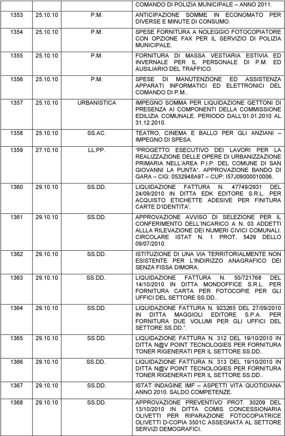 M.. 1357 25.10.10 URBANISTICA IMPEGNO SOMMA PER LIQUIDAZIONE GETTONI DI PRESENZA AI COMPONENTI DELLA COMMISSIONE EDILIZIA COMUNALE. PERIODO DALL 01.01.2010 AL 31.12.2010. 1358 25.10.10 SS.AC.