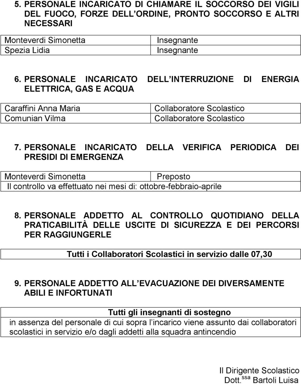 PERSONALE INCARICATO DELLA VERIFICA PERIODICA DEI PRESIDI DI EMERGENZA Monteverdi Simonetta Preposto Il controllo va effettuato nei mesi di: ottobre-febbraio-aprile 8.