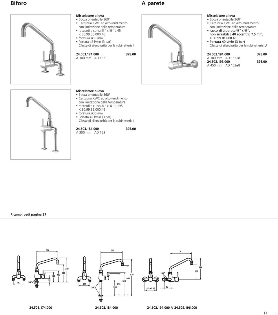 00 A 300 mm AD 153 Miscelatore a leva ß Bocca orientabile 360 ß Cartuccia KWC ad alto rendimento con limitazione della temperatura ß raccordi a parete ¾" x ¾", non serrabili L 40 eccentric 7.5 mm, K.