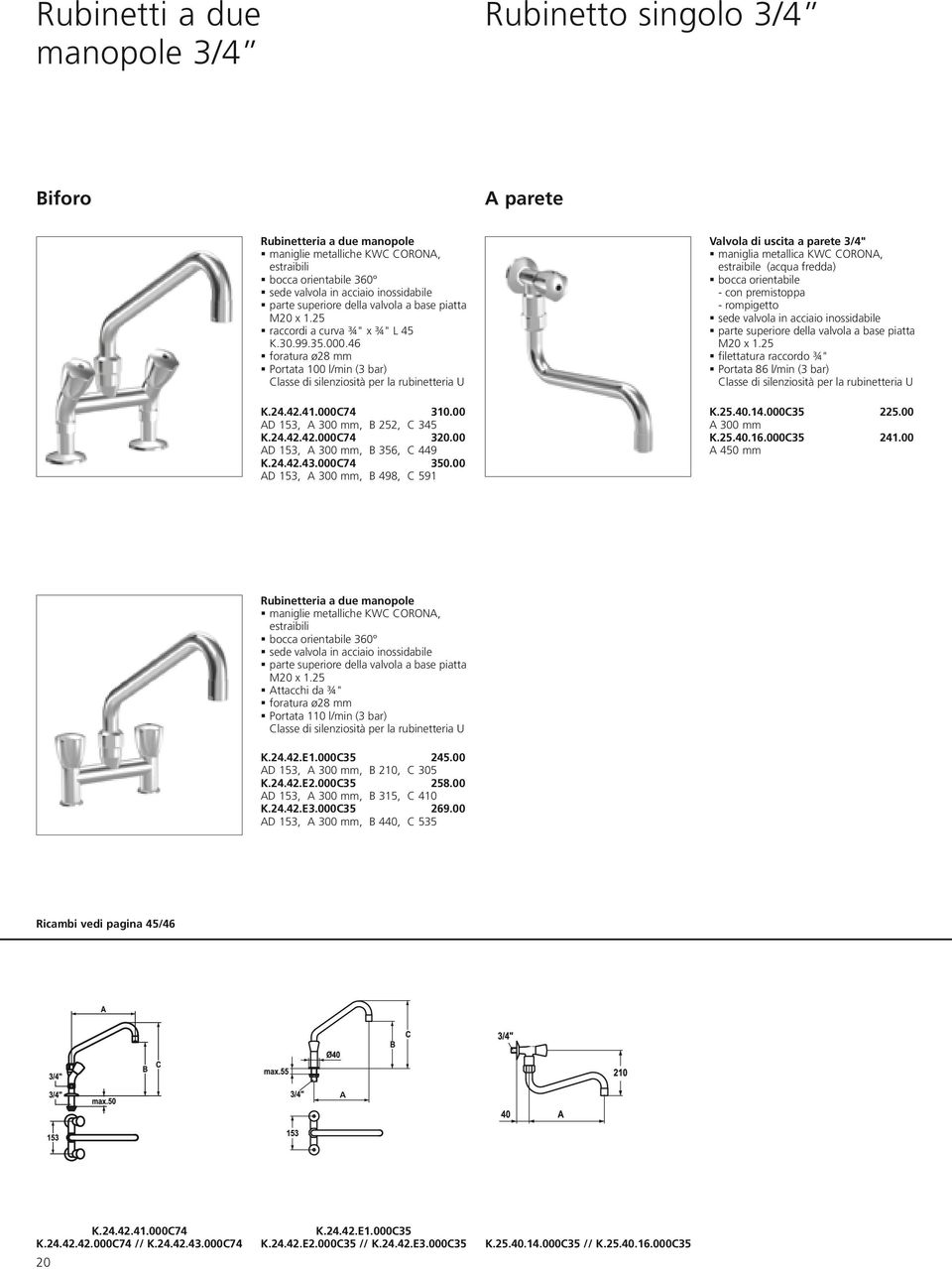 46 ß foratura ø28 mm ß Portata 100 l/min (3 bar) Classe di silenziosità per la rubinetteria U K.24.42.41.000C74 310.00 AD 153, A 300 mm, B 252, C 345 K.24.42.42.000C74 320.