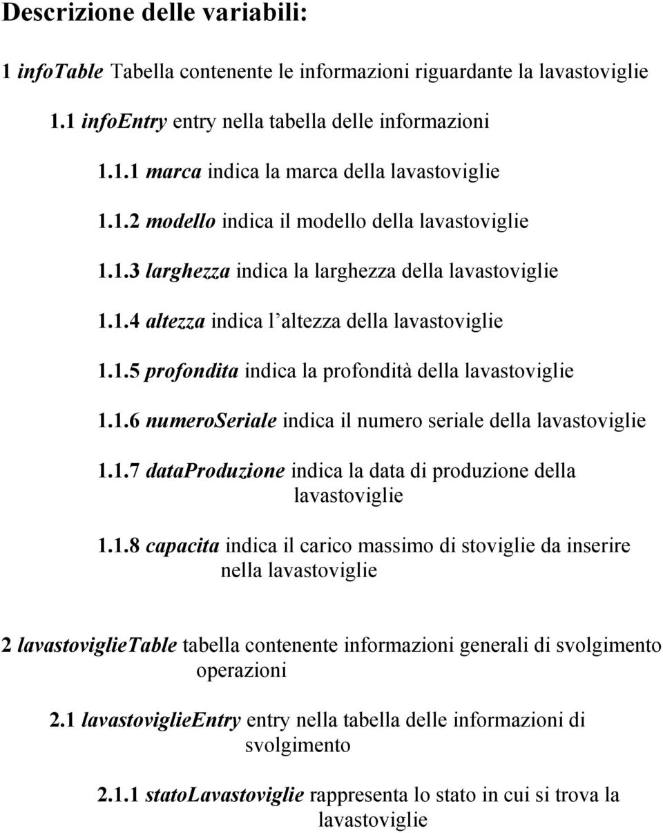 1.6 numeroseriale indica il numero seriale della lavastoviglie 1.1.7 dataproduzione indica la data di produzione della lavastoviglie 1.1.8 capacita indica il carico massimo di stoviglie da inserire nella lavastoviglie 2 lavastoviglietable tabella contenente informazioni generali di svolgimento operazioni 2.