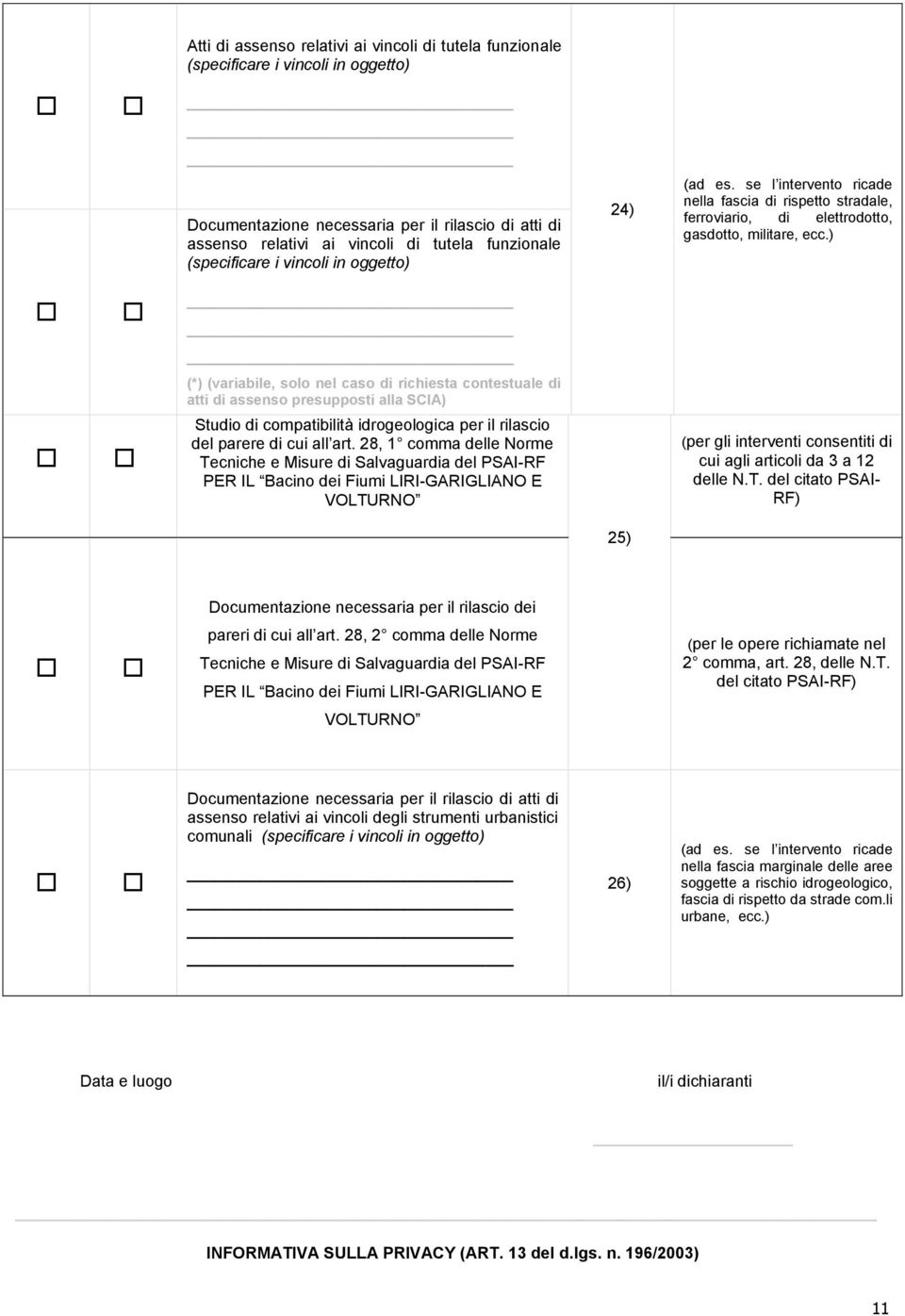 ) (*) (variabile, solo nel caso di richiesta contestuale di atti di assenso presupposti alla SCIA) Studio di compatibilità idrogeologica per il rilascio del parere di cui all art.