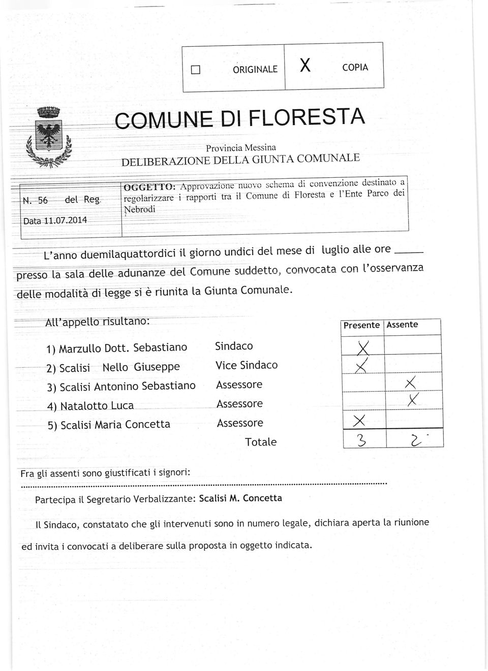 Sebastiano Sindaco X 2) Scatisi Netto GiusePPe 3) Scatisi Antonino Sebastiano 4) Natatotto Luca 5) Scatisi Maria Concetta Vice Sindaco Assessore Assessore Assessore Totate / x 3 x