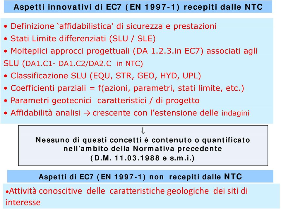 ) Parametri geotecnici caratteristici / di progetto Affidabilità analisi crescente con l estensione delle indagini Nessuno di questi concetti è contenuto o quantificato nell ambito della