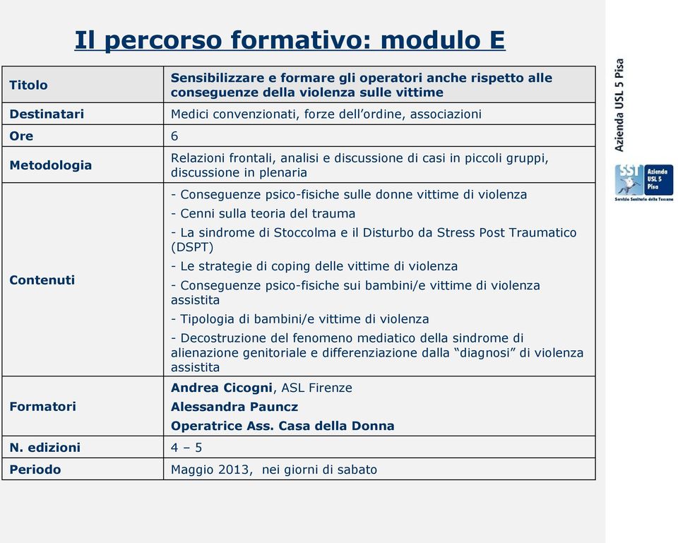 analisi e discussione di casi in piccoli gruppi, discussione in plenaria - Conseguenze psico-fisiche sulle donne vittime di violenza - Cenni sulla teoria del trauma - La sindrome di Stoccolma e il