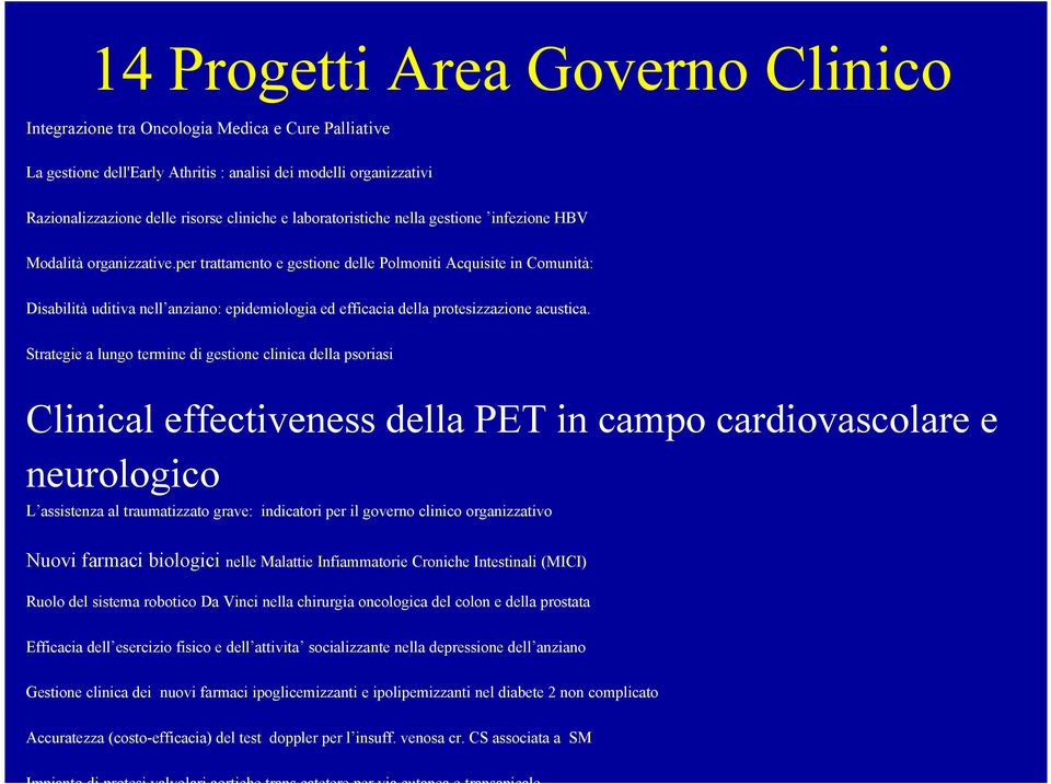 Clinical effectiveness della PET in campo cardiovascolare e neurologico L assistenza al traumatizzato grave: indicatori per il governo clinico organizzativo Nuovi farmaci biologici nelle Malattie