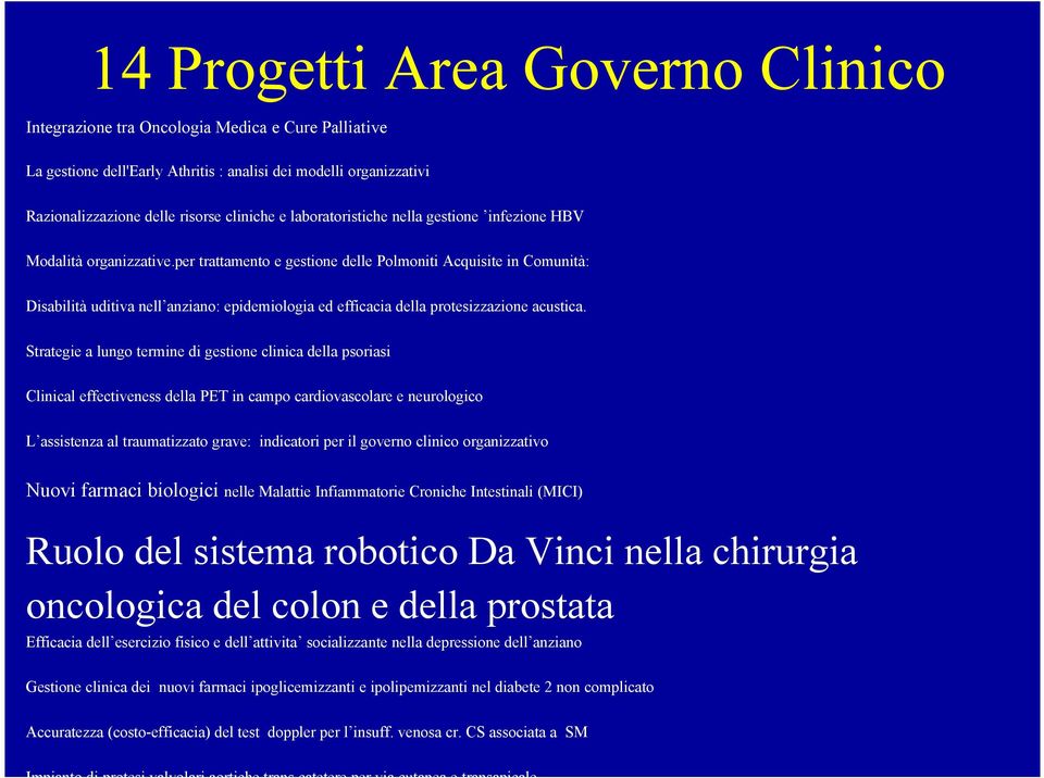 Clinical effectiveness della PET in campo cardiovascolare e neurologico L assistenza al traumatizzato grave: indicatori per il governo clinico organizzativo Nuovi farmaci biologici nelle Malattie