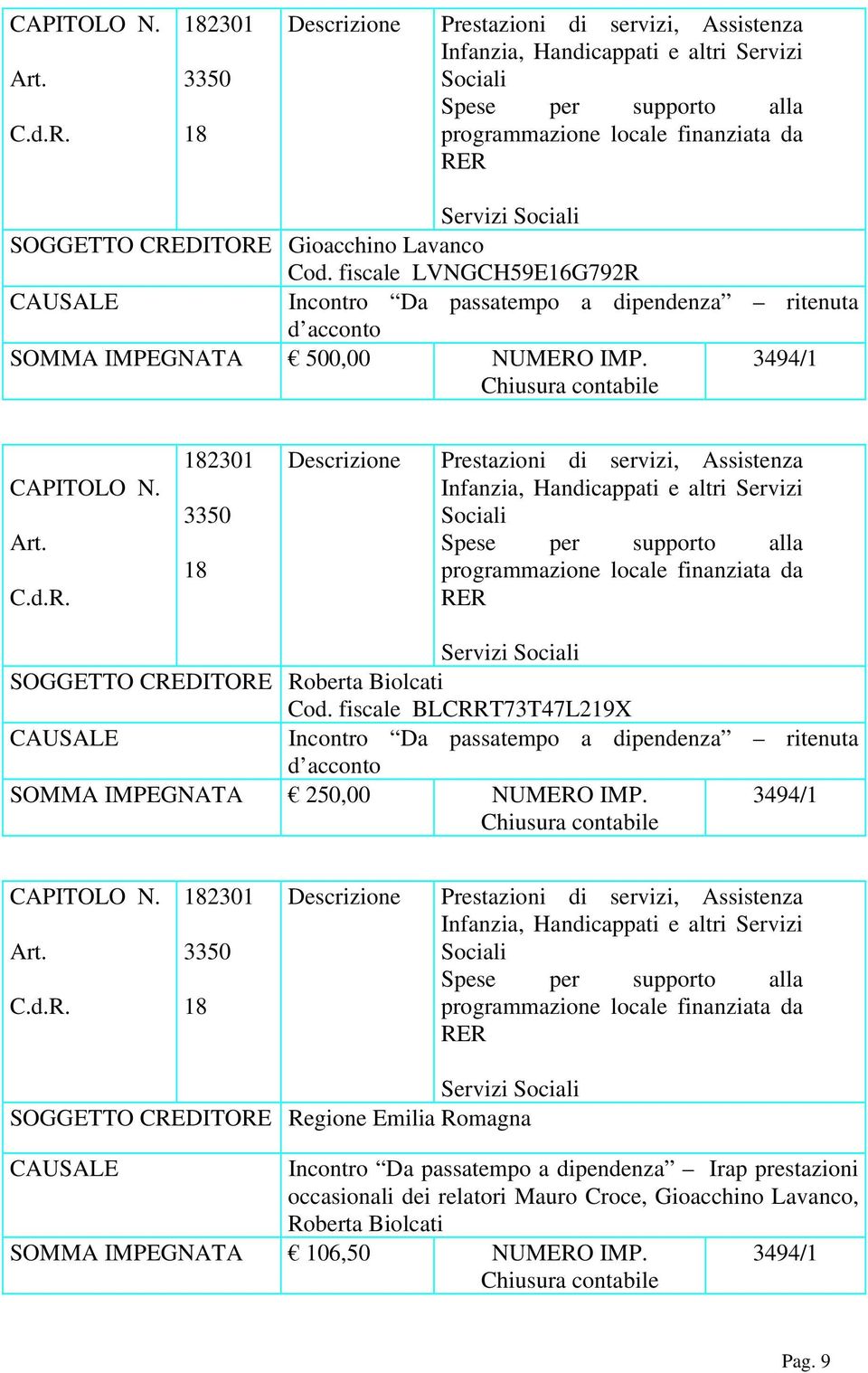 2301 Servizi SOGGETTO CREDITORE Roberta Biolcati Cod.