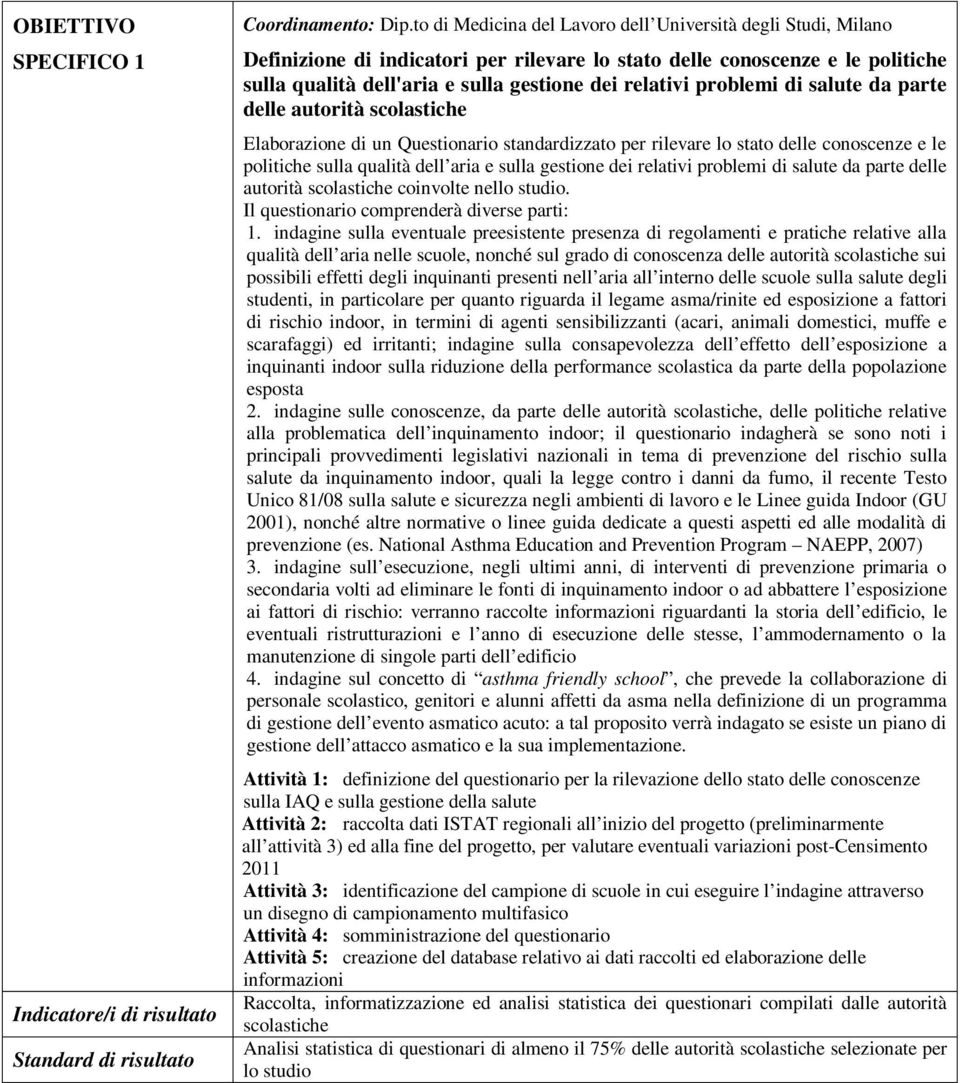 problemi di salute da parte delle autorità scolastiche Elaborazione di un Questionario standardizzato per rilevare lo stato delle conoscenze e le politiche sulla qualità dell aria e sulla gestione