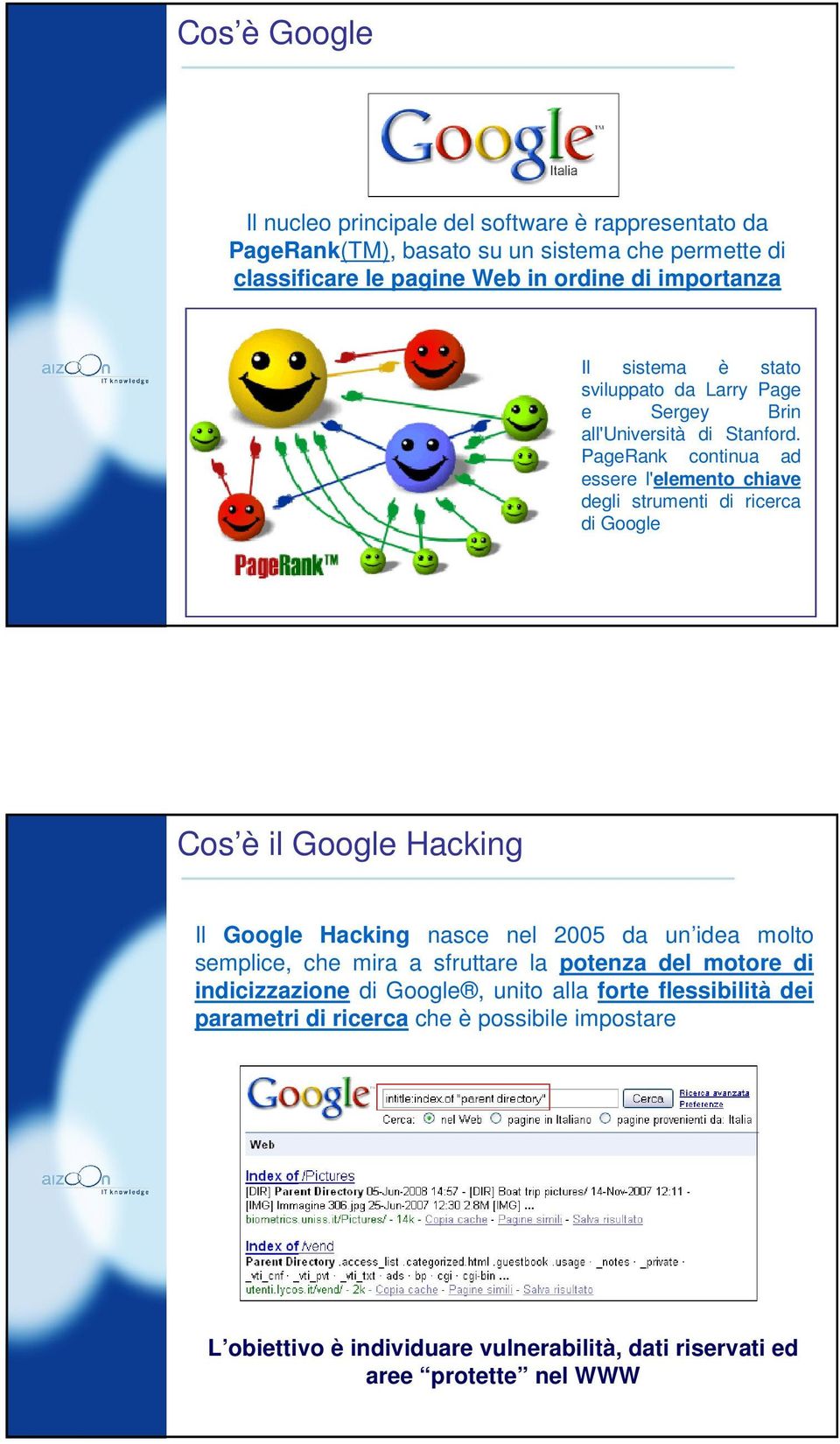 PageRank continua ad essere l'elemento chiave degli strumenti di ricerca di Google Cos è il Google Hacking Il Google Hacking nasce nel 2005 da un idea molto