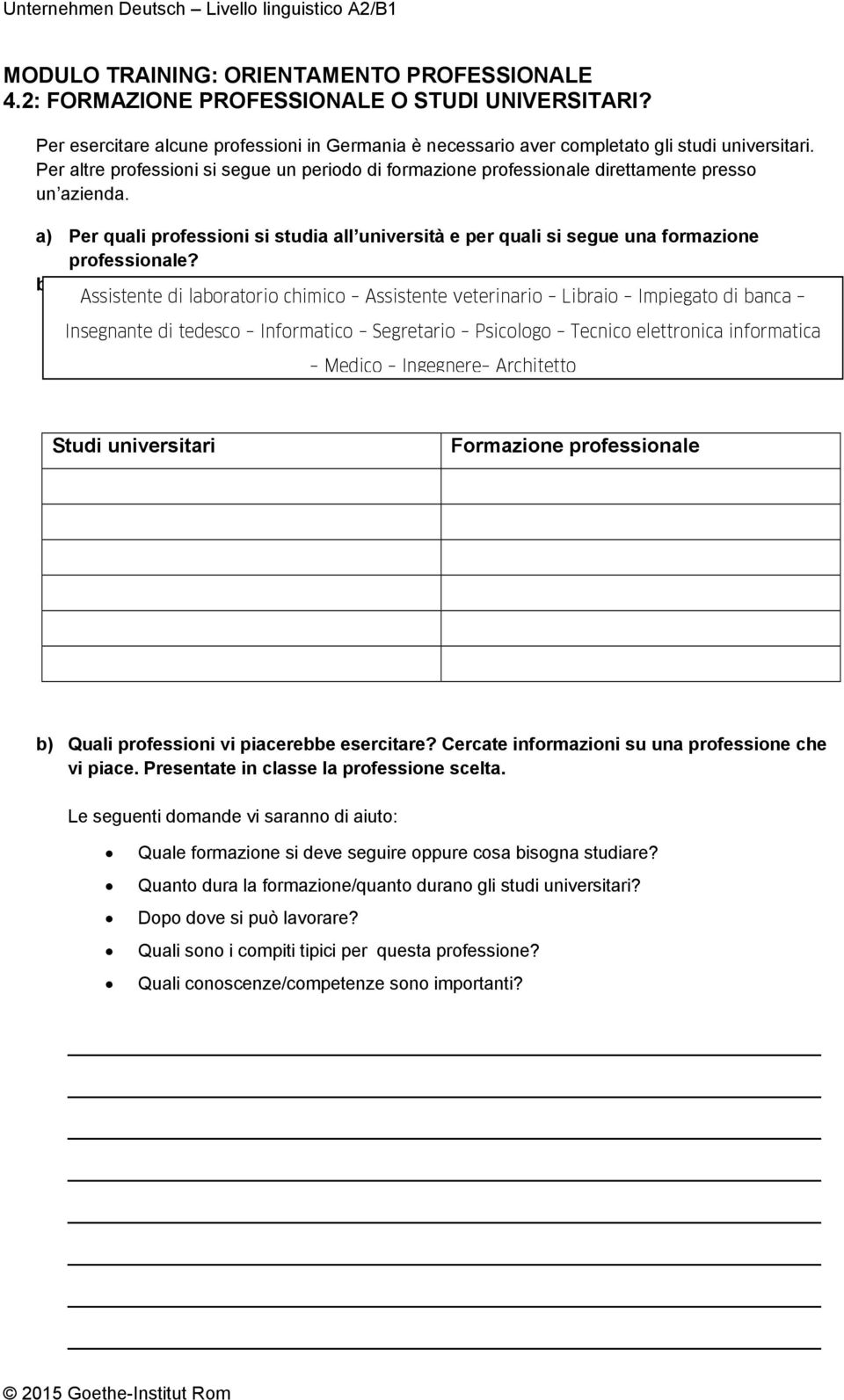 b) Assistente di labratri chimic Assistente veterinari Librai Impiegat di banca Insegnante di tedesc Infrmatic Segretari Psiclg Tecnic elettrnica infrmatica Medic Ingegnere Architett Studi