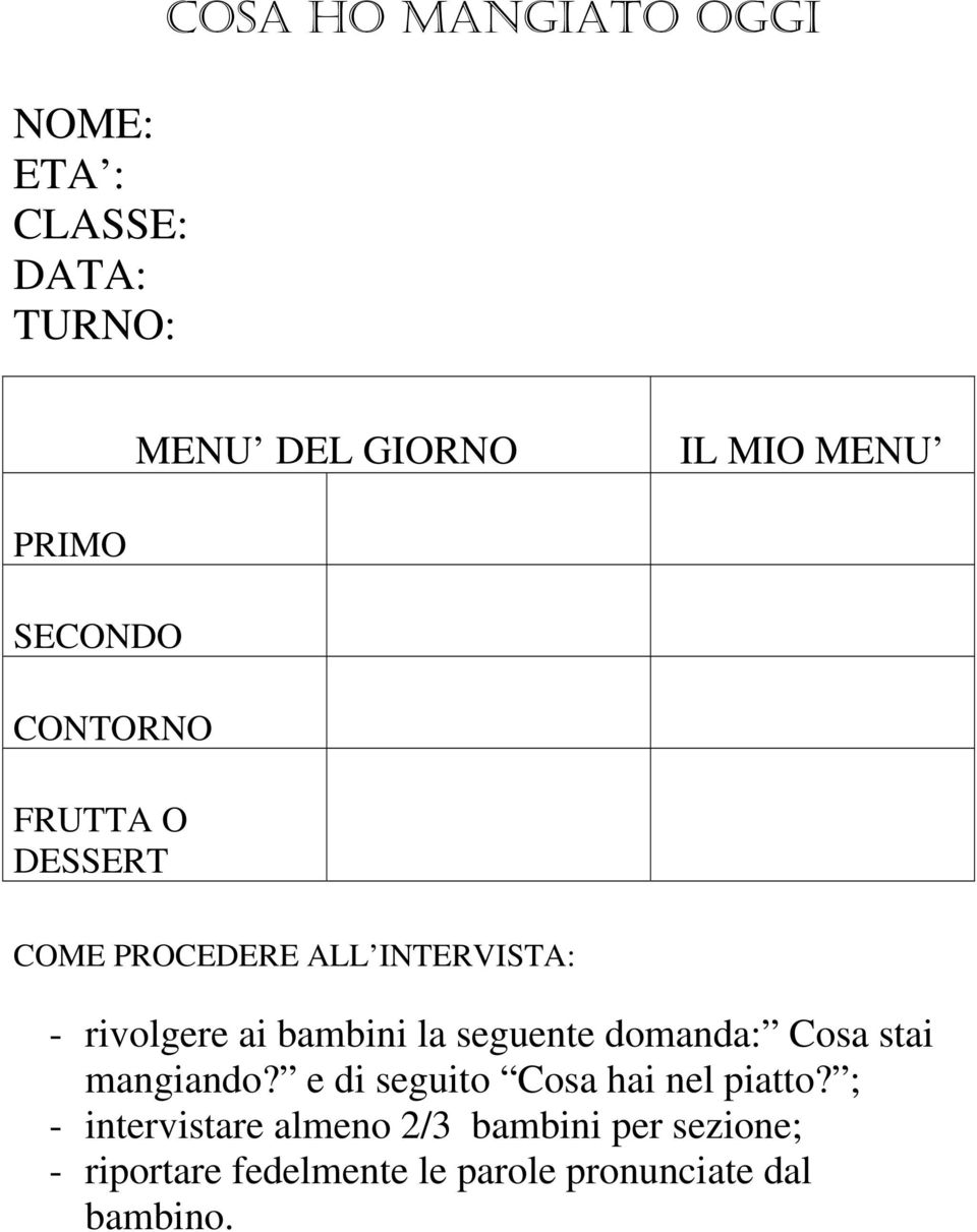 la seguente domanda: Cosa stai mangiando? e di seguito Cosa hai nel piatto?