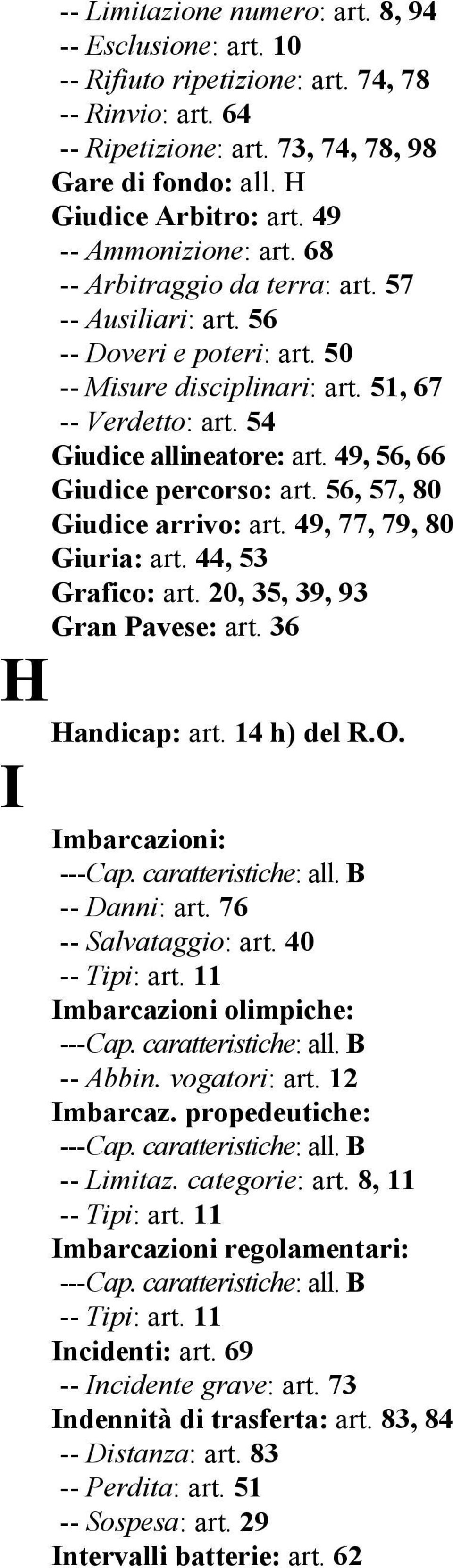 49, 56, 66 Giudice percorso: art. 56, 57, 80 Giudice arrivo: art. 49, 77, 79, 80 Giuria: art. 44, 53 Grafico: art. 20, 35, 39, 93 Gran Pavese: art. 36 H Handicap: art. 14 h) del R.O.