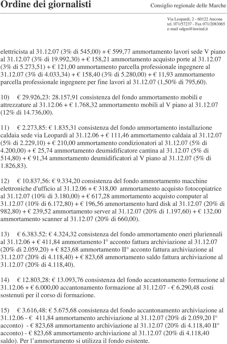 157,91 consistenza del fondo ammortamento mobili e attrezzature al 31.12.06 + 1.768,32 ammortamento mobili al V piano al 31.12.07 (12% di 14.736,00). 11) 2.273,85: 1.