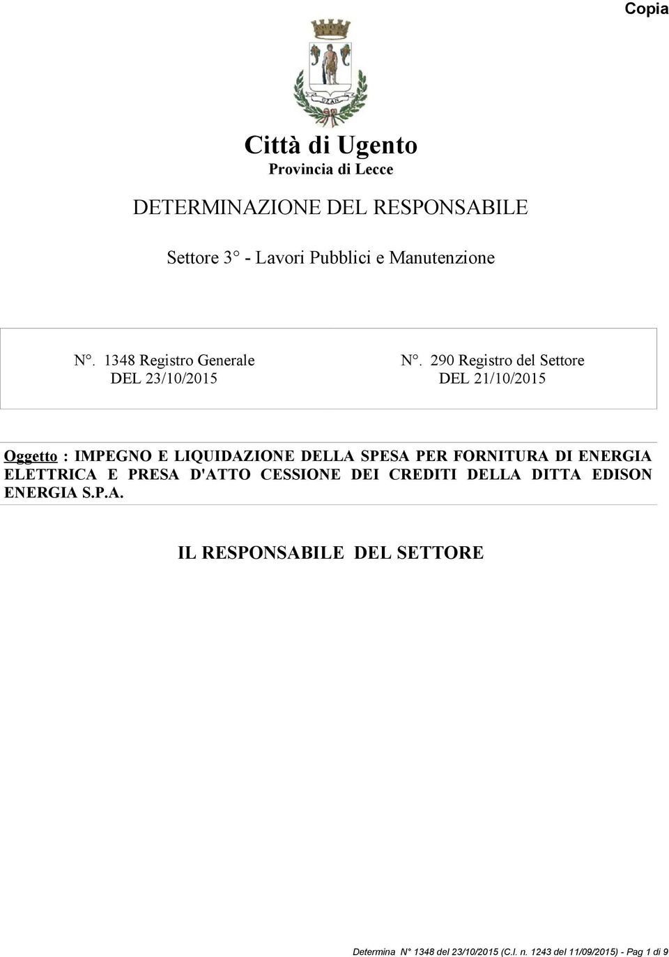 290 Registro del Settore DEL 21/10/2015 Oggetto : IMPEGNO E LIQUIDAZIONE DELLA SPESA PER FORNITURA DI ENERGIA