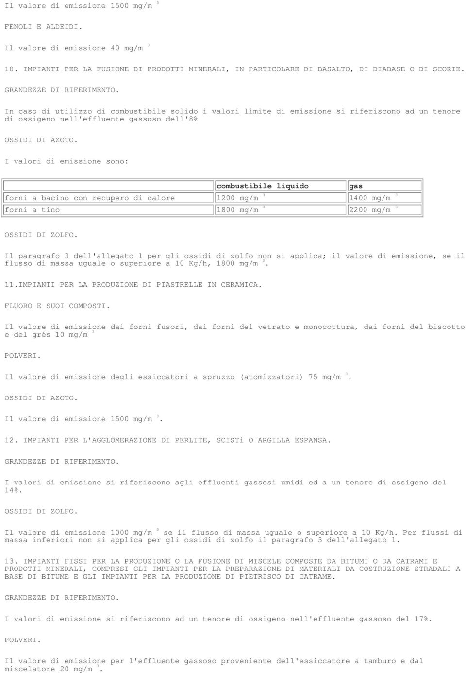 I valori di emissione sono: combustibile liquido gas forni a bacino con recupero di calore 1200 mg/m 3 1400 mg/m 3 forni a tino 1800 mg/m 3 2200 mg/m 3 OSSIDI DI ZOLFO.