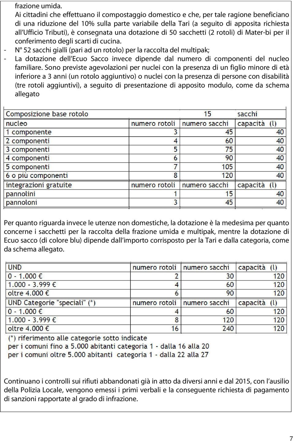 Tributi), è consegnata una dotazione di 50 sacchetti (2 rotoli) di Mater-bi per il conferimento degli scarti di cucina.