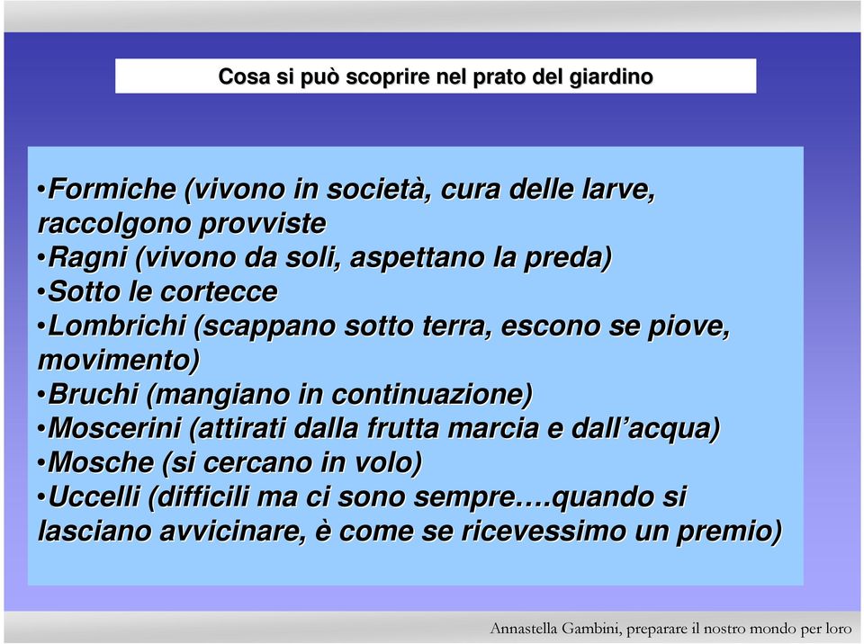 movimento) Bruchi (mangiano in continuazione) Moscerini (attirati dalla frutta marcia e dall acqua) acqua) Mosche