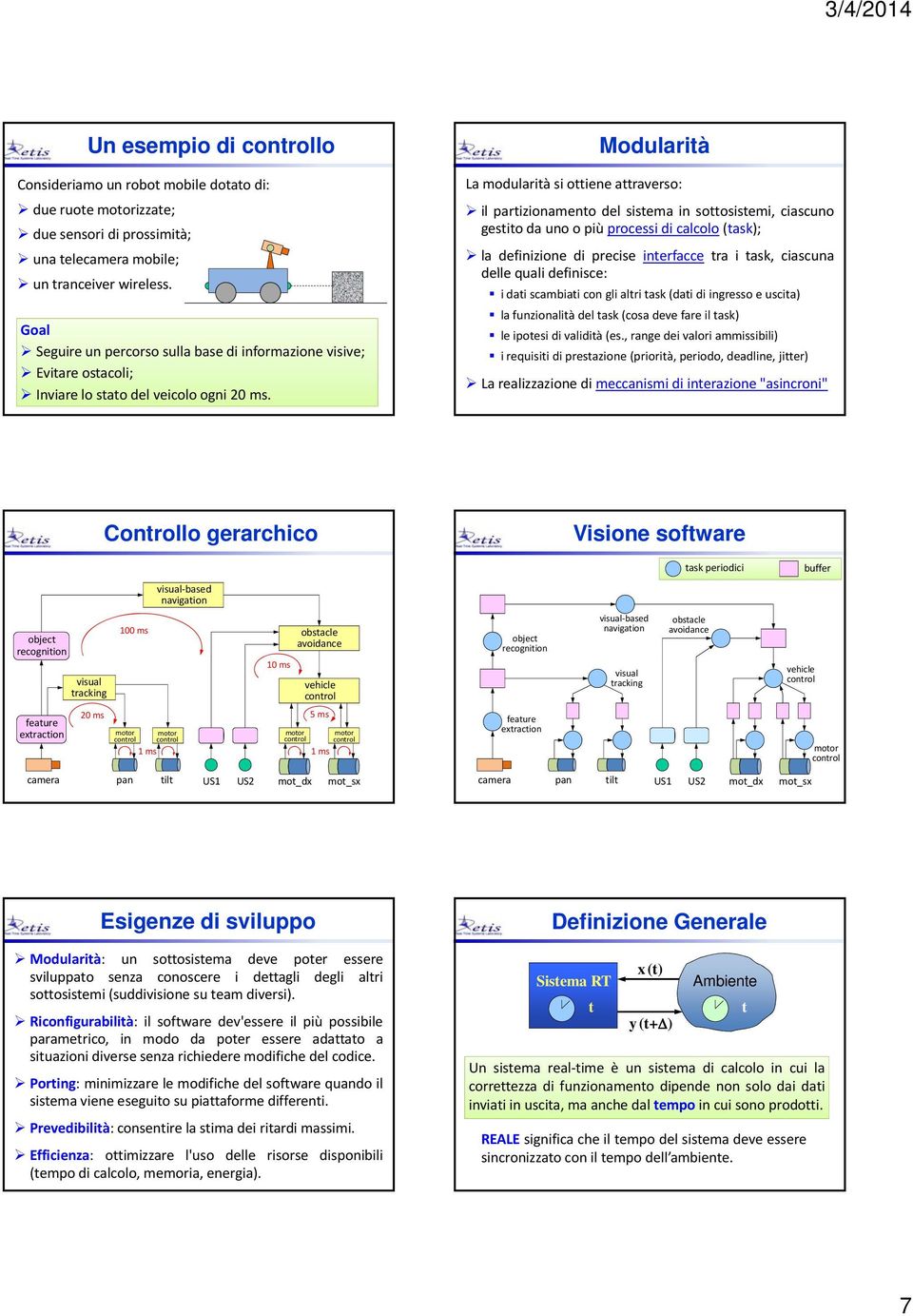 Modularità La modularità si ottiene attraverso: il partizionamento del sistema in sottosistemi, ciascuno gestito da uno o più processi di calcolo (task); la definizione di precise interfacce tra i