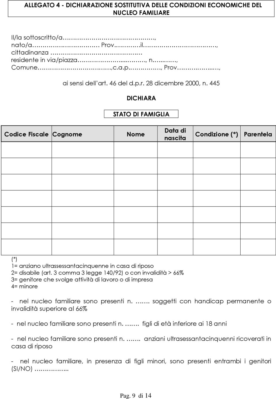 445 DICHIARA STATO DI FAMIGLIA Codice Fiscale Cognome Nome Data di nascita Condizione (*) Parentela (*) 1= anziano ultrassessantacinquenne in casa di riposo 2= disabile (art.