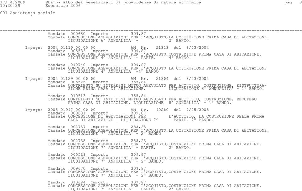 21313 del 8032004 Mandato 005533 Importo 309,87 Causale CONCESSIONE AGEVOLAZIONI PER L'ACQUISTO,COSTRUZIONE PRIMA CASA DI ABITAZIONE. LIQUIDAZIONE 4^ ANNUALITA' - PARTE. 4 BANDO.