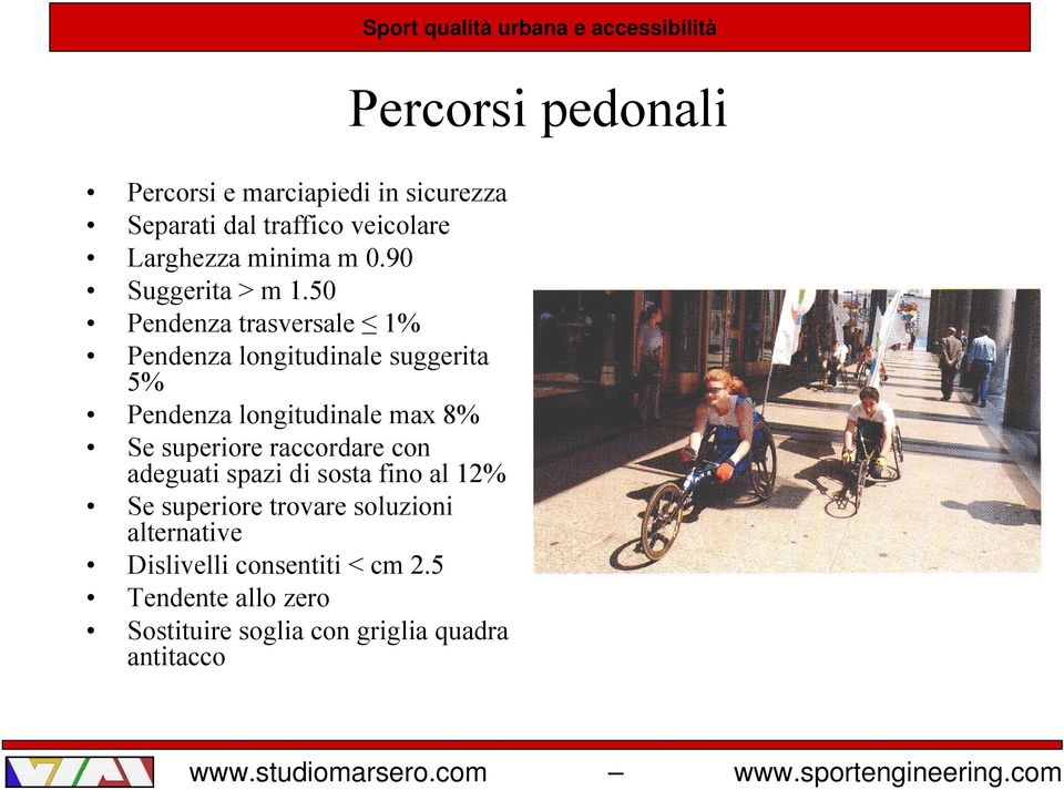 50 Pendenza trasversale 1% Pendenza longitudinale suggerita 5% Pendenza longitudinale max 8% Se superiore