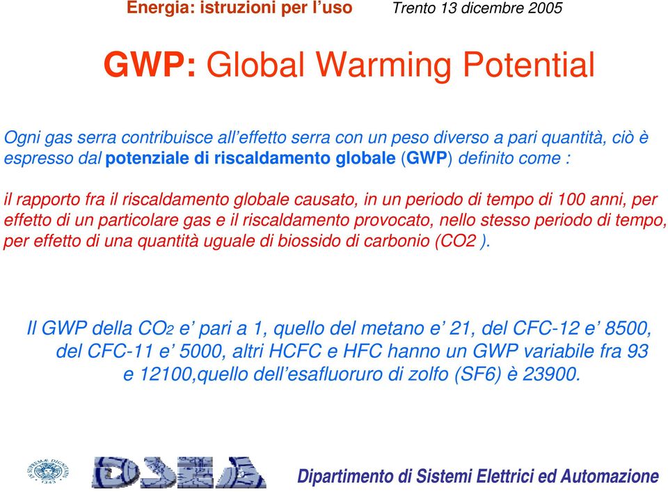 particolare gas e il riscaldamento provocato, nello stesso periodo di tempo, per effetto di una quantità uguale di biossido di carbonio (CO2 ).