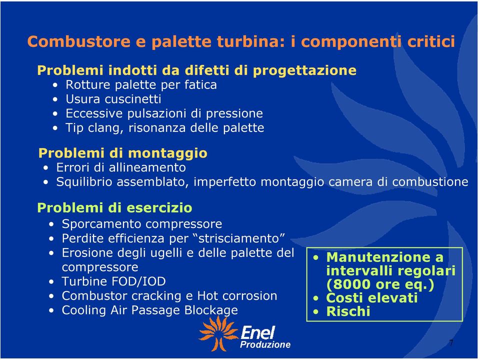 camera di combustione Problemi di esercizio Sporcamento compressore Perdite efficienza per strisciamento Erosione degli ugelli e delle palette del