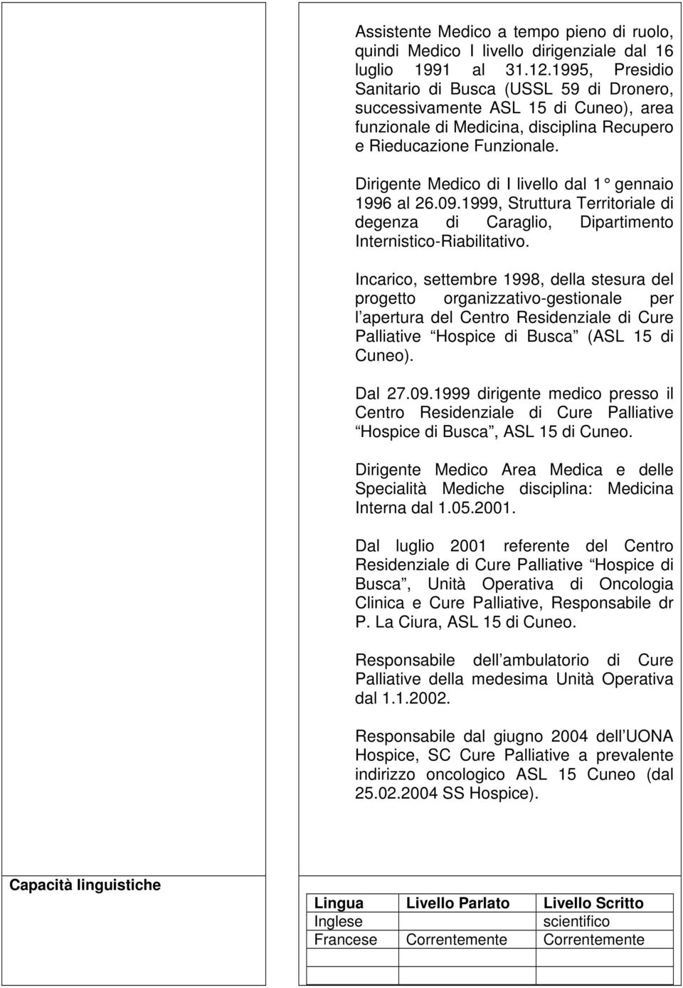 Dirigente Medico di I livello dal 1 gennaio 1996 al 26.09.1999, Struttura Territoriale di degenza di Caraglio, Dipartimento Internistico-Riabilitativo.