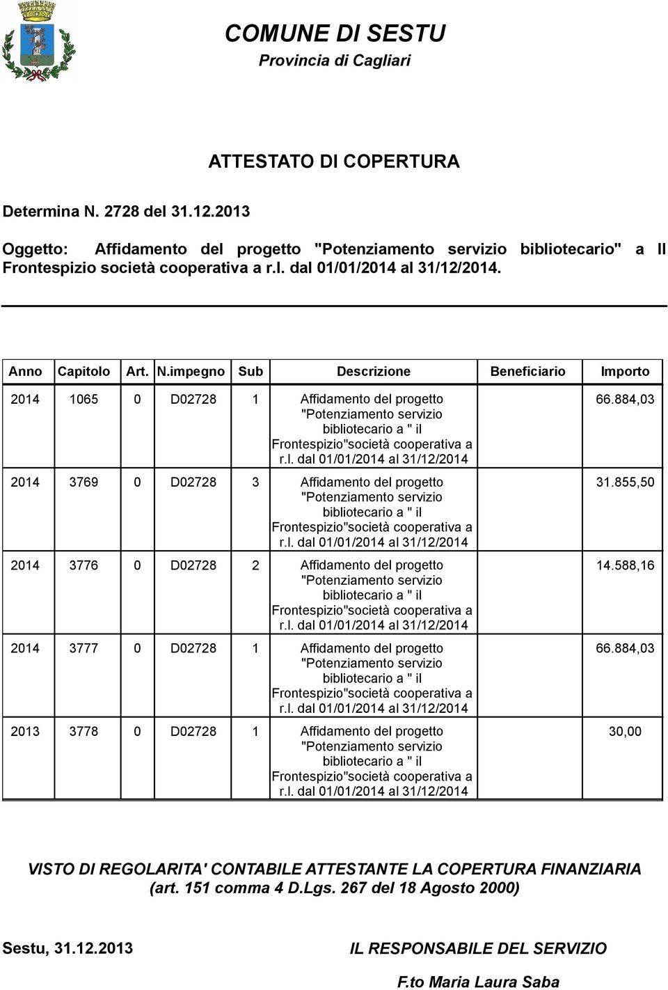 impegno Sub Descrizione Beneficiario Importo 2014 1065 0 D02728 1 Affidamento del progetto 66.884,03 2014 3769 0 D02728 3 Affidamento del progetto 31.