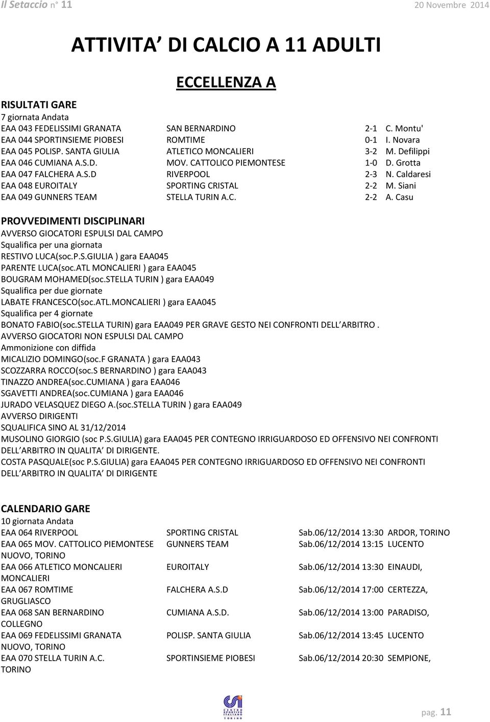 Caldaresi EAA 048 EUROITALY SPORTING CRISTAL 2-2 M. Siani EAA 049 GUNNERS TEAM STELLA TURIN A.C. 2-2 A.