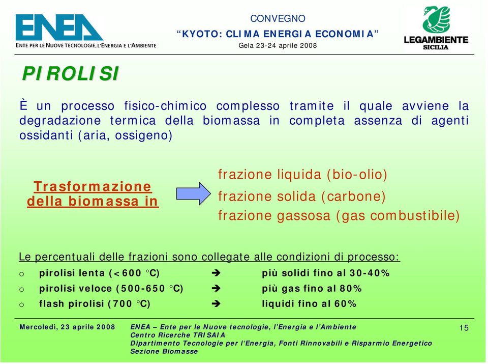 (carbone) frazione gassosa (gas combustibile) Le percentuali delle frazioni sono collegate alle condizioni di processo: o