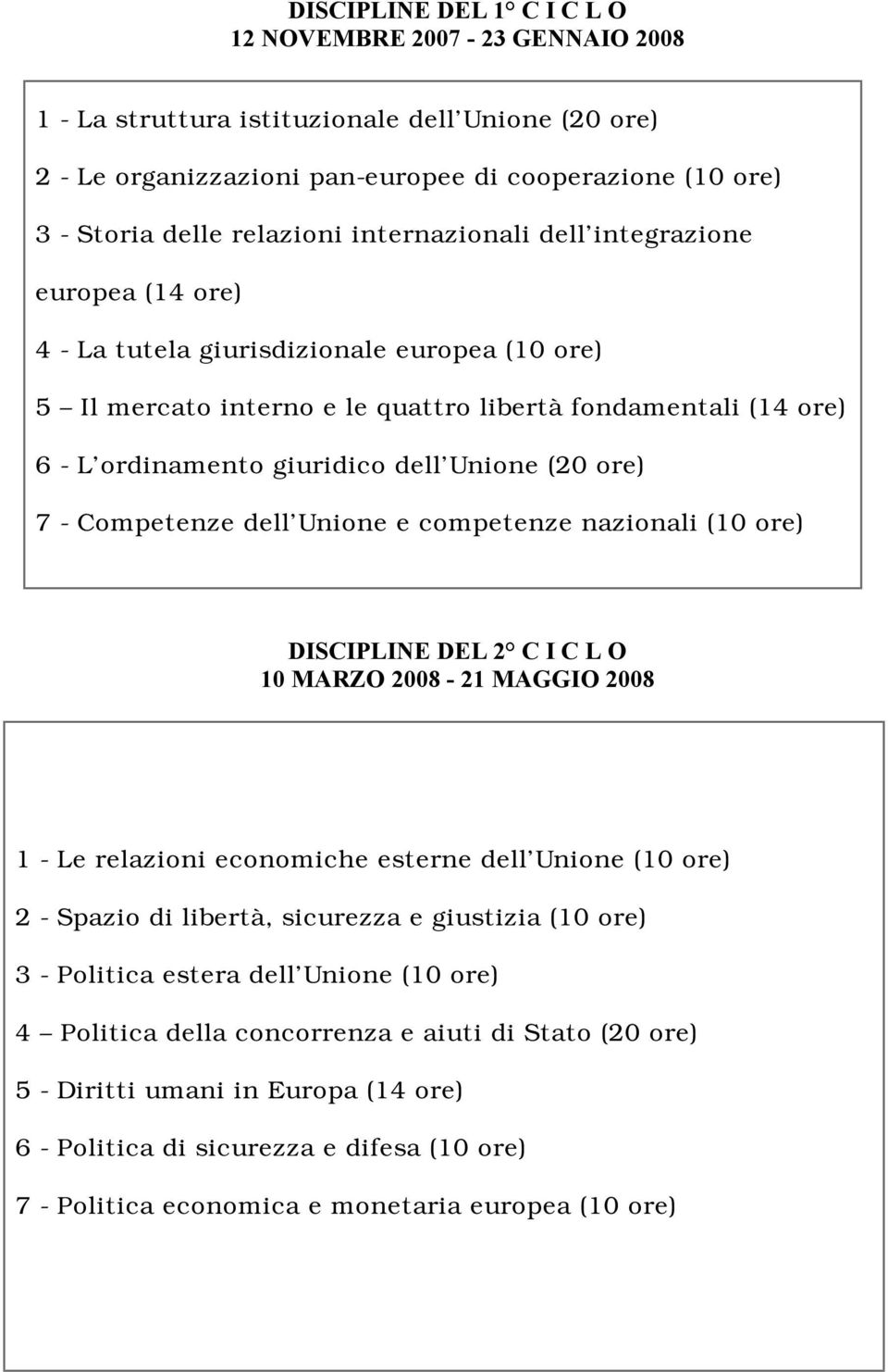 Unione (20 ore) 7 - Competenze dell Unione e competenze nazionali (10 ore) DISCIPLINE DEL 2 C I C L O 10 MARZO 2008-21 MAGGIO 2008 1 - Le relazioni economiche esterne dell Unione (10 ore) 2 - Spazio