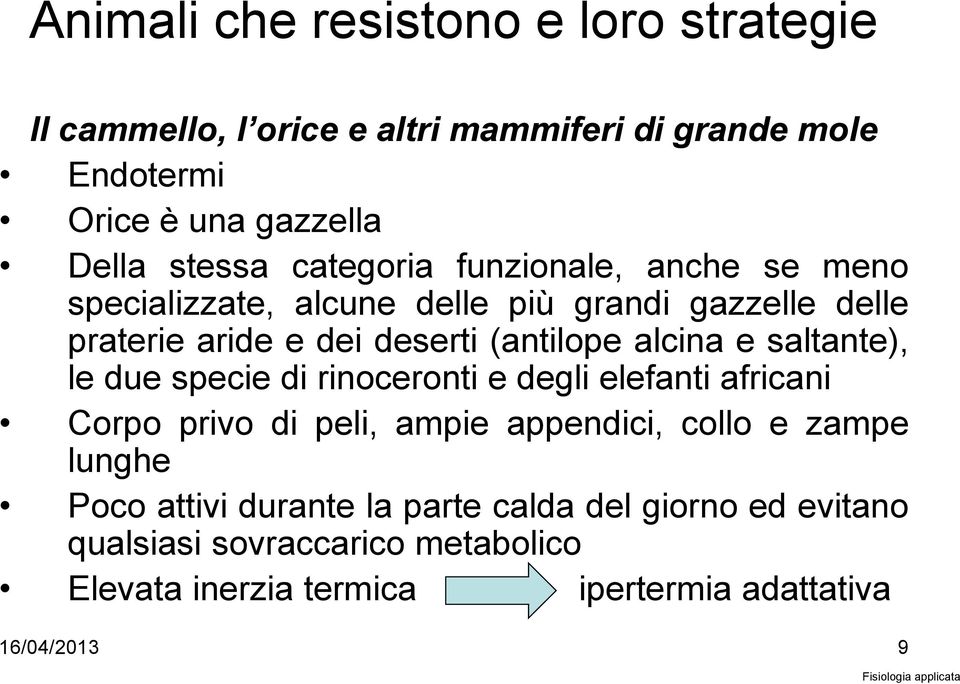 saltante), le due specie di rinoceronti e degli elefanti africani Corpo privo di peli, ampie appendici, collo e zampe lunghe Poco attivi