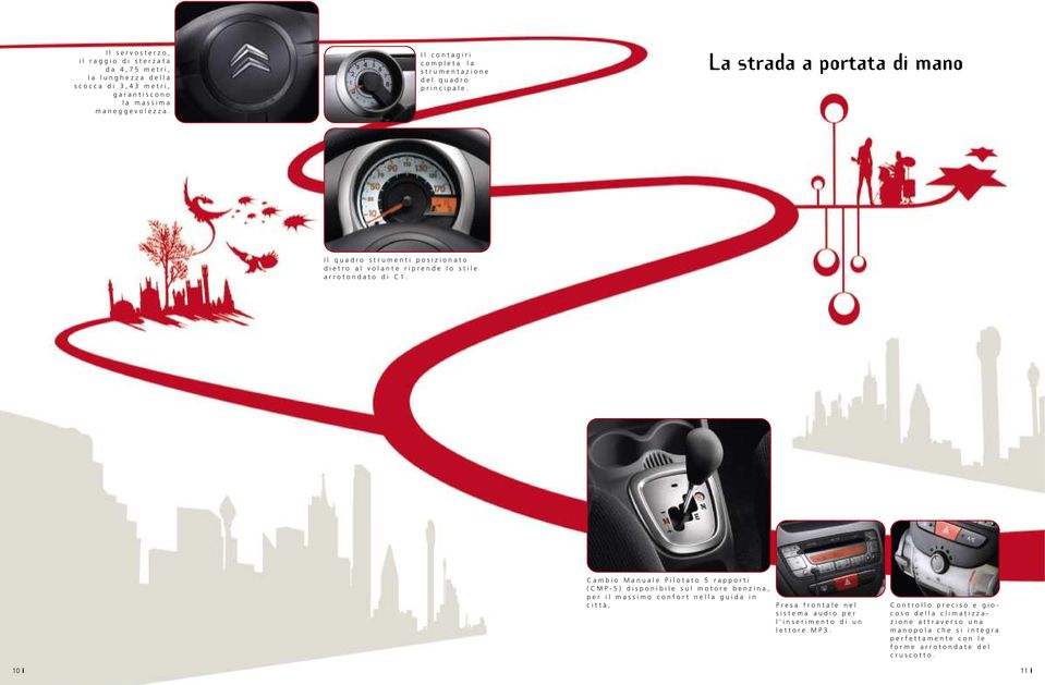 La strada a portata di mano Il quadro strumenti posizionato dietro al volante riprende lo stile arrotondato di C1.