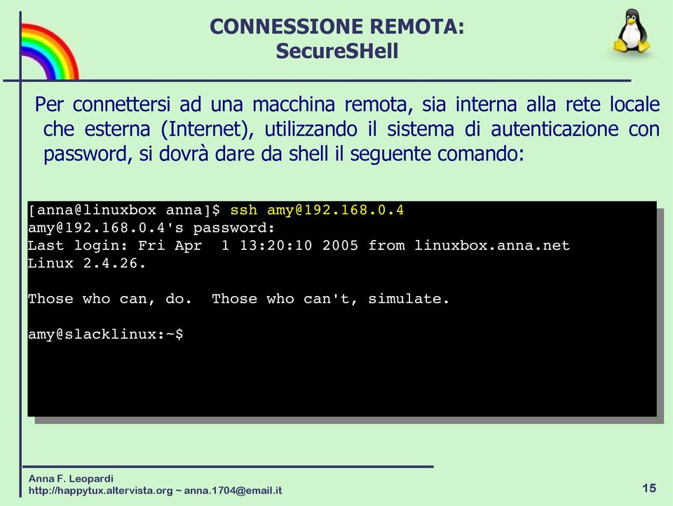 [anna@linuxbox anna]$ ssh amy@192.168.0.4 amy@192.168.0.4's password: Last login: Fri Apr 1 13:20:10 2005 from linuxbox.